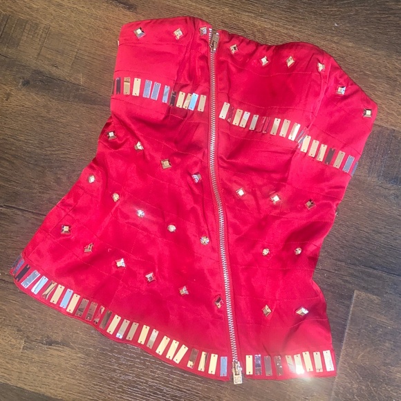 Y2K BEBE TRAPUNTO CORSET BUSTIER RED SATIN TUBE TOP SZ XXS NEW STUDDED SATEEN - Picture 5 of 14